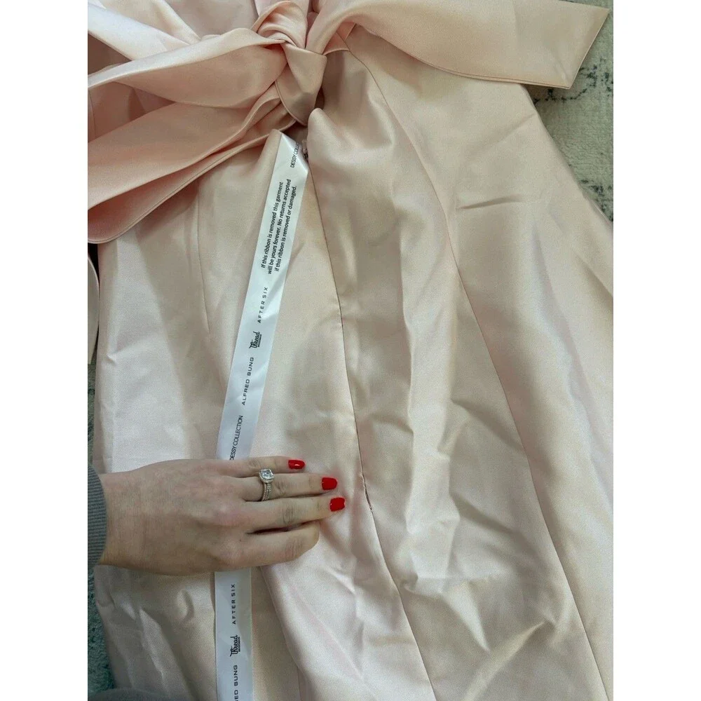 Alfred Sung Off-the-Shoulder Bow Back Satin Trumpet Gown Blush Satin Size 6 D793 - Picture 11 of 11